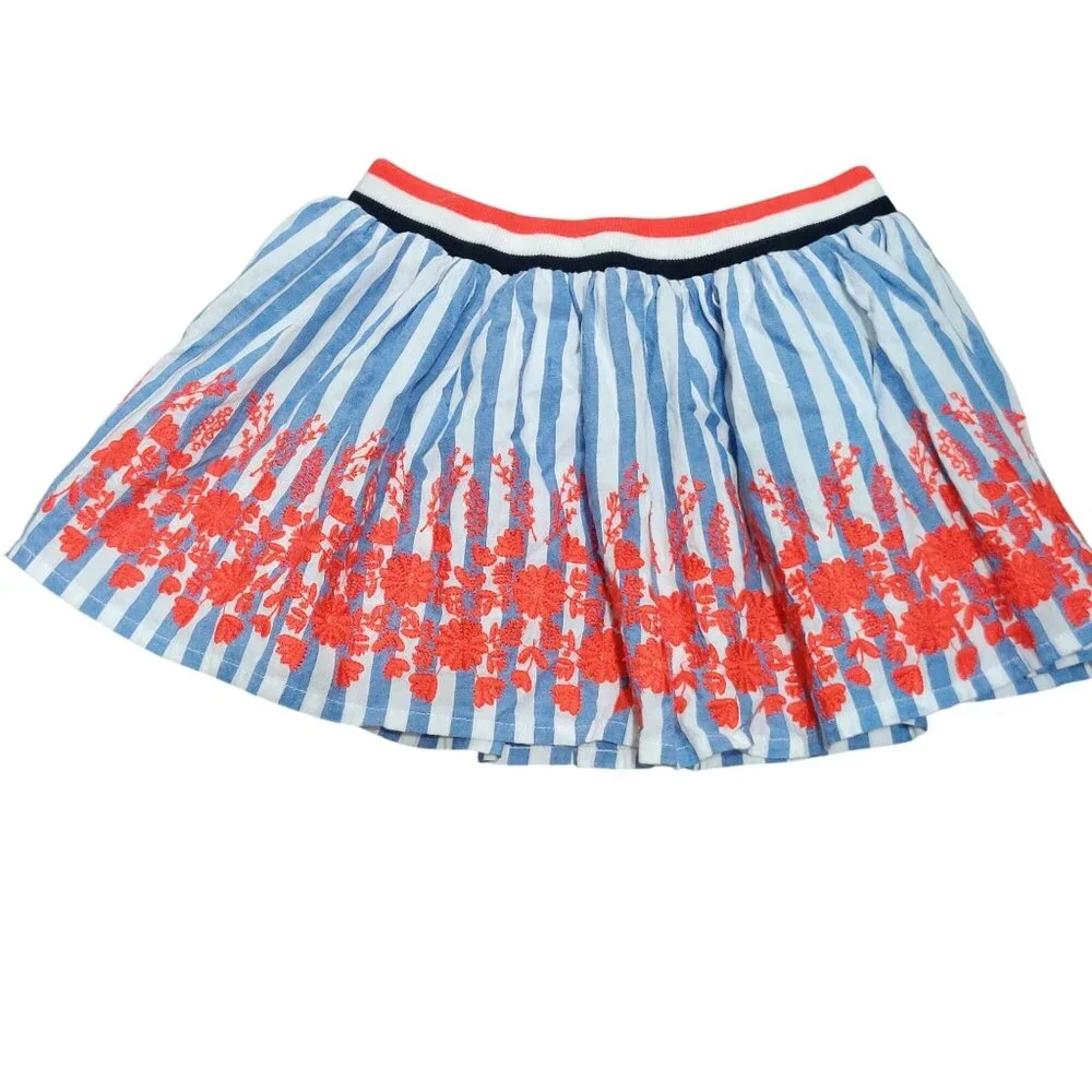 Seed Heritage Girls 5 Blue White Stripe Cotton Skirt Red Floral Embroidery Kids